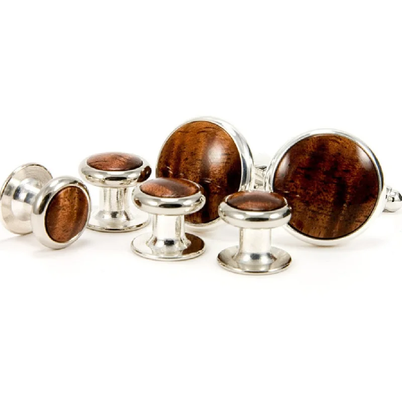 Cufflinks with subtle animal motifs for an understated and stylish look-Hawaiian Koa Silver Cufflink Tuxedo Stud Set