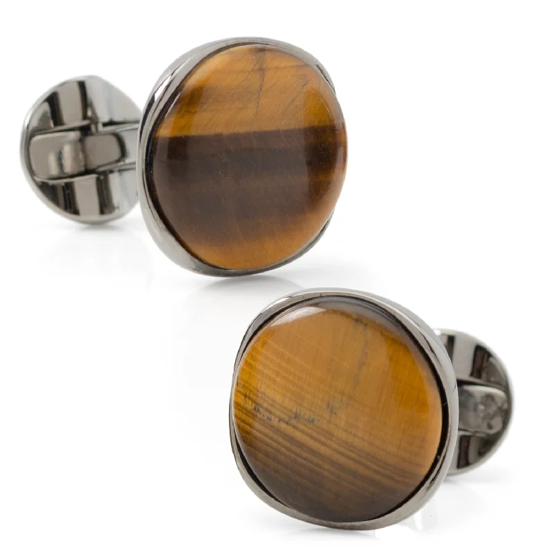 Cufflinks with military insignia designs for a bold, distinguished look-Sterling Silver Formal Tigers Eye Gunmetal Cufflinks