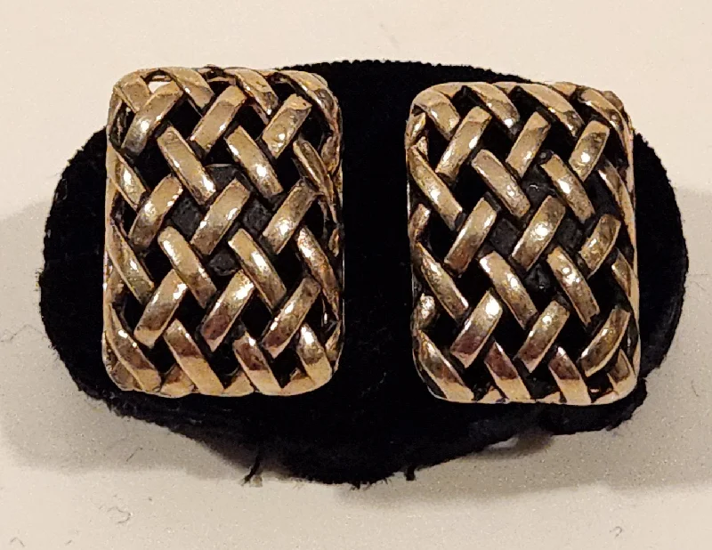 Cufflinks with classic black enamel for a sleek and timeless design-Vintage Basket Weave Rectangle Sterling Silver Cufflinks