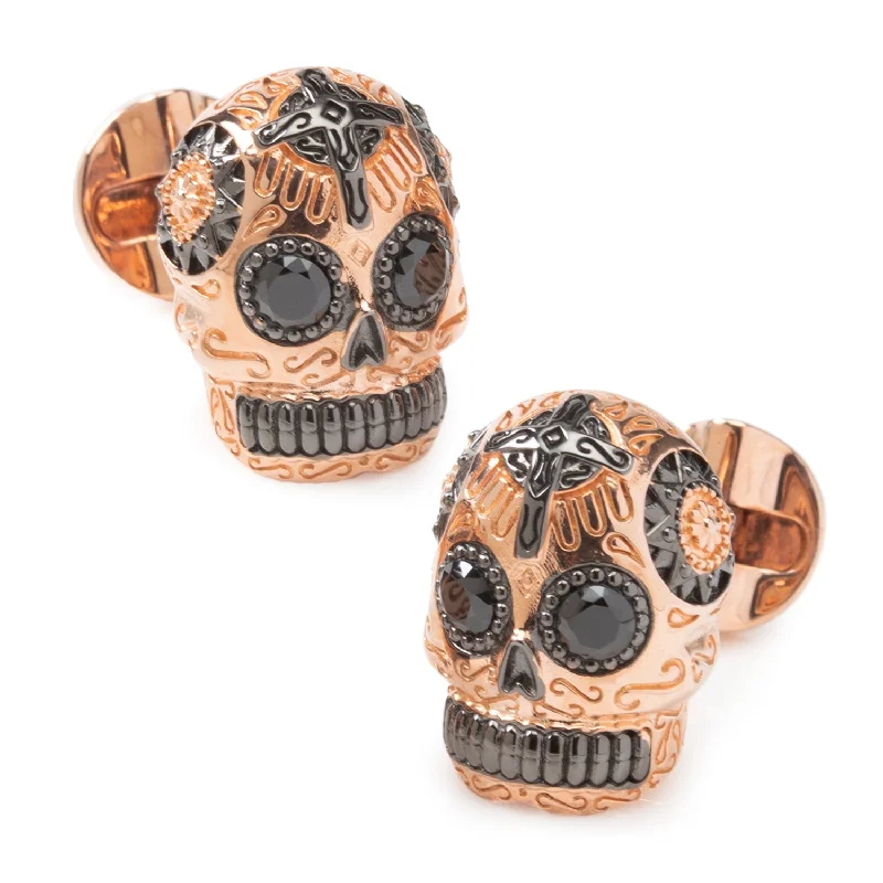 Best cufflinks with gemstone and metal inlays for a colorful and eye-catching design-Rose Gold and Black PVD Day of Dead Skull Cufflinks