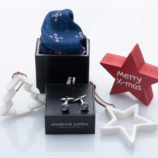 Cufflinks with solid gold for a luxurious and timeless accessory-Blue Knot Cufflink and Silk Pocket Square Christmas Gift Set