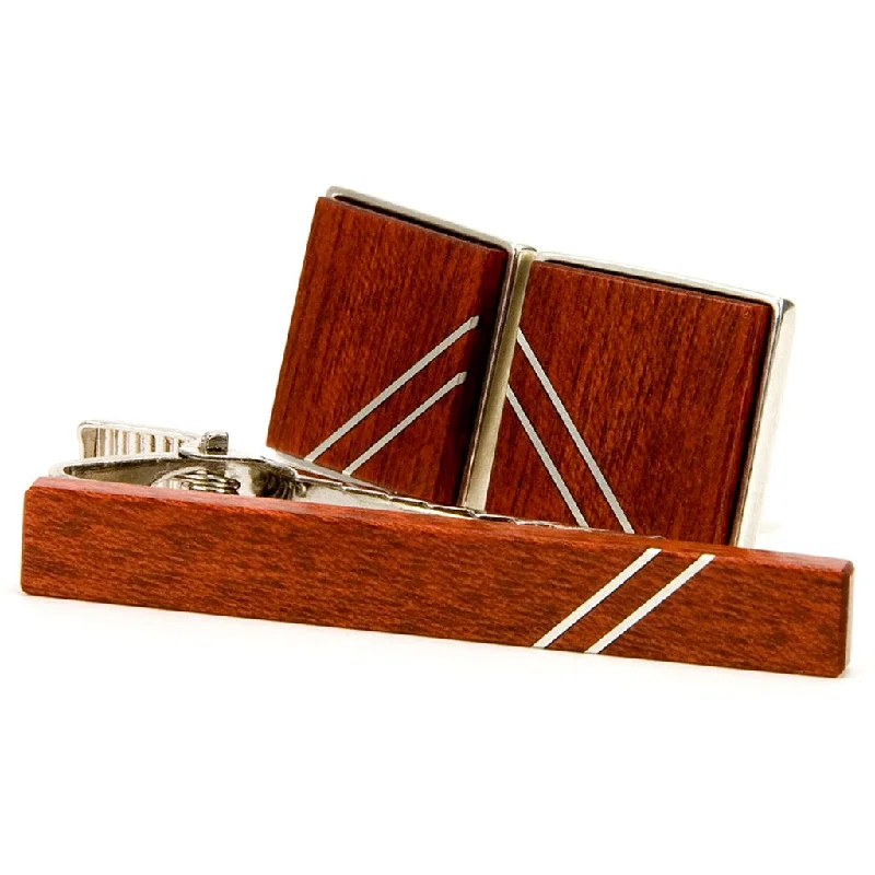 Cufflinks with Swarovski crystals for added sparkle and luxury-Bloodwood Silver Inlay Cufflink Tie Bar Set