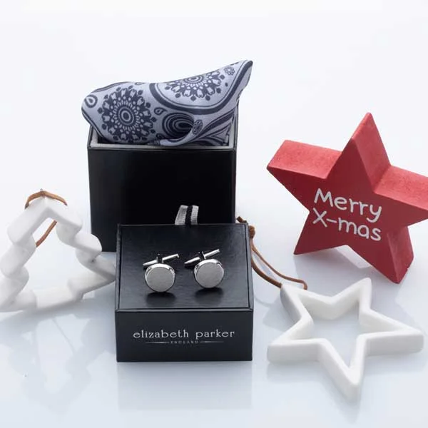 Cufflinks with Celtic knot designs for a unique and intricate finish-Brushed Smooth 'O' Round Cufflink and Silk Pocket Square Christmas Gift Set