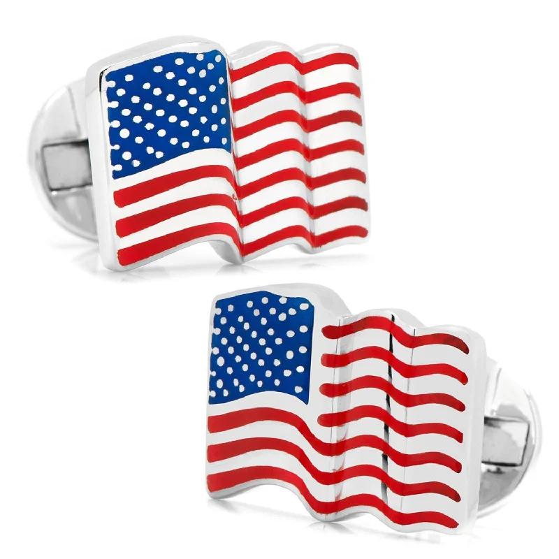 Cufflinks with vintage military designs for a distinctive and bold look-Sterling Silver Waving American Flag Cufflinks