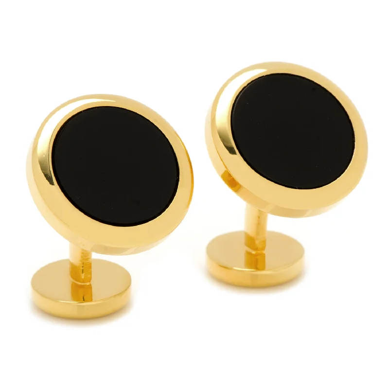 Best cufflinks with enamel inlays for a colorful and artistic touch-Double Sided Gold Onyx Round Beveled Cufflinks