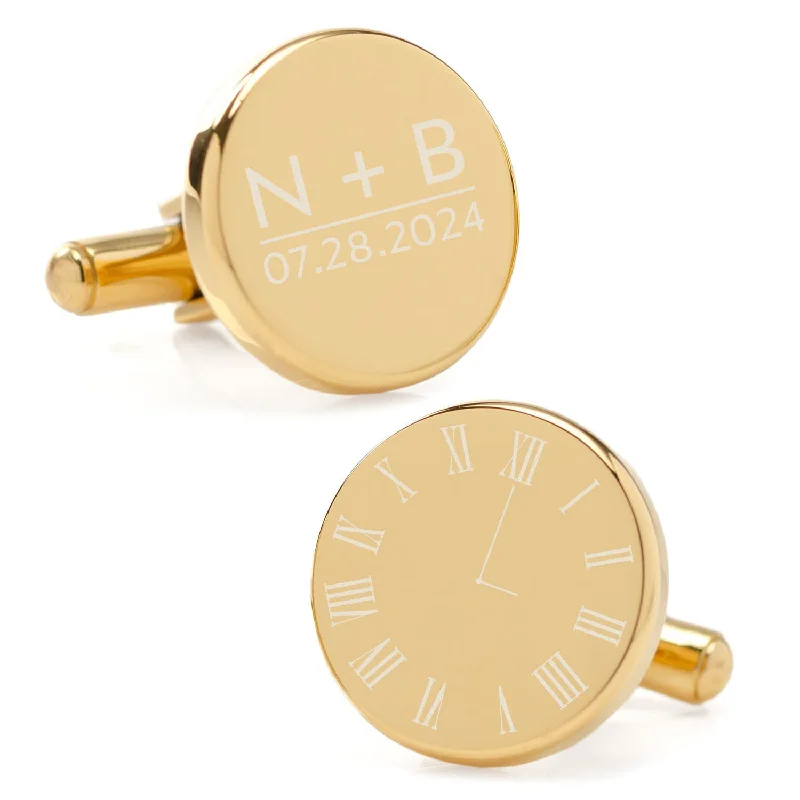 Cufflinks with wood accents for a rustic and unique design-Custom Clock Engravable Gold Cufflinks