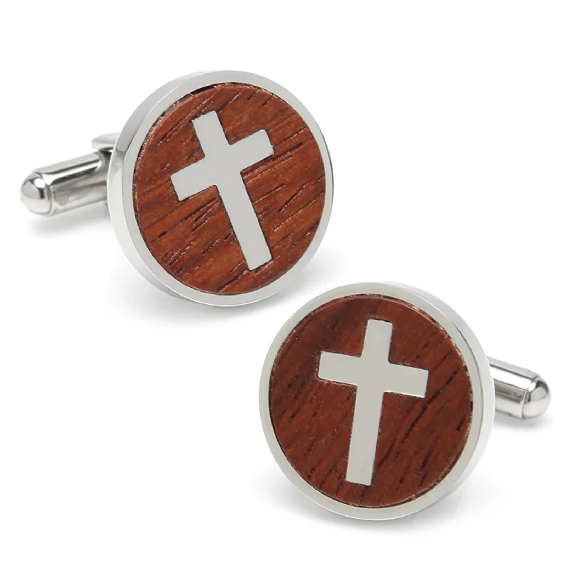 Cufflinks with minimalist designs for a clean, modern and sophisticated accessory-Cross Round Wood Stainless Steel Cufflinks