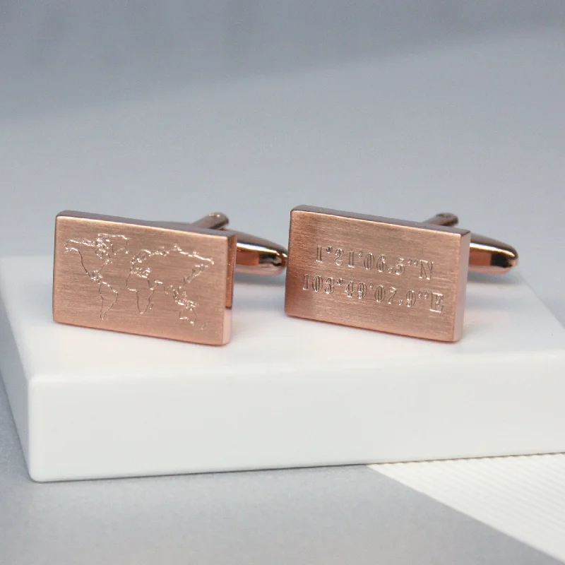 Classic cufflinks with simple round shapes for an elegant and versatile accessory-Engraved World Map and Coordinates Cufflinks