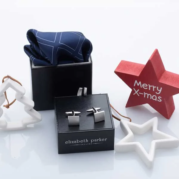 Best cufflinks with enamel designs for vibrant and colorful accents-Brushed Square Cufflink and Silk Pocket Square Christmas Gift Set