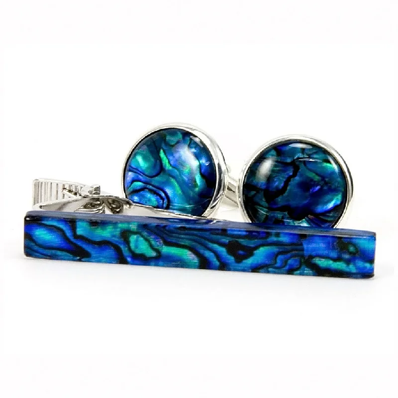 Cufflinks with vintage military designs for a distinctive and bold look-Blue Paua Shell Silver Cufflink Tie Bar Set