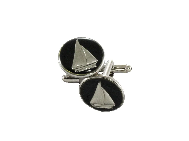 Cufflinks with sports team logos for a fun and personalized fan accessory-Silver & Navy Sailboats Cufflinks