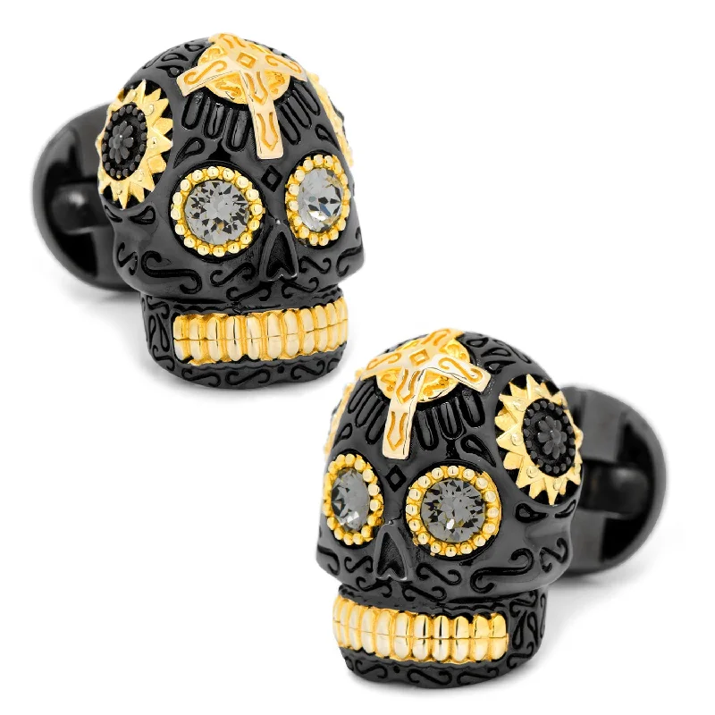 Cufflinks with vintage buttons for a retro and unique fashion statement-Black and Gold Vermeil Day of the Dead Skull Cufflinks