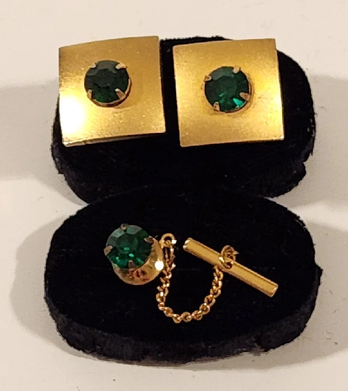 Best cufflinks with gold inlays for a luxurious and refined finish-Vintage Green Emerald Gold Tone Cufflinks and Tie Tack Set