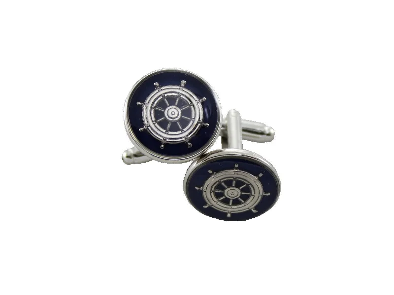 Best cufflinks with mother-of-pearl inlays for a sophisticated and luxurious feel-Silver & Navy Captain's Wheel Cufflinks