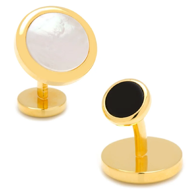 Cufflinks with brushed metal finishes for a matte, contemporary style-Double Sided Gold Mother of Pearl Round Beveled Cufflinks