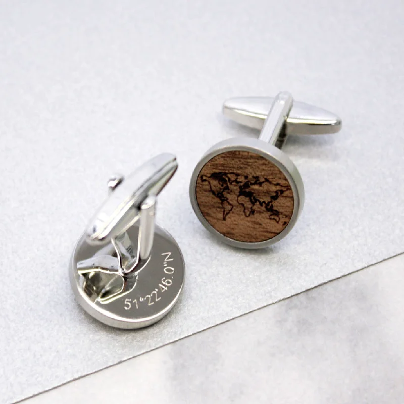 Best cufflinks with silver plating for an affordable yet luxurious appearance-Personalised Walnut World Map Cufflinks