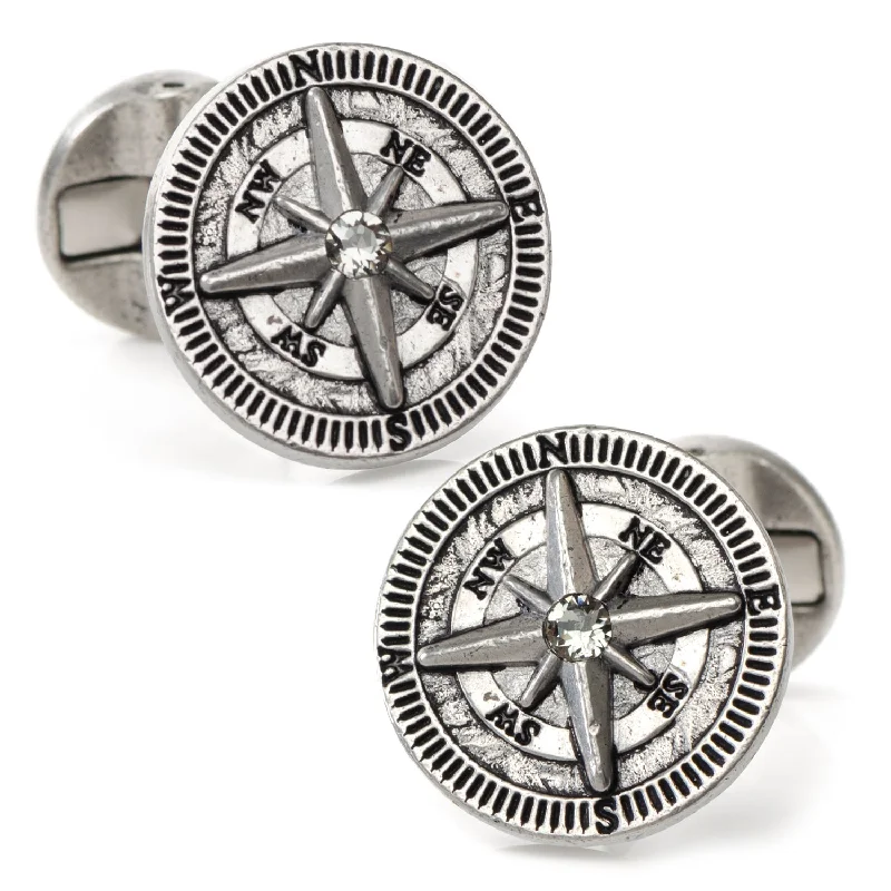 Cufflinks with classic black enamel for a sleek and timeless design-Antique Compass Stainless Steel Cufflinks