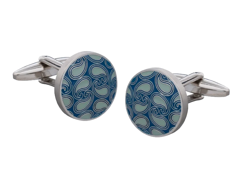 Cufflinks with wood accents for a rustic and unique design-Shades of Blue Paisley Cufflinks