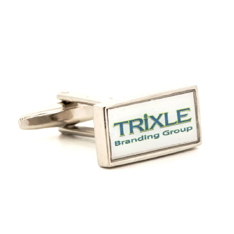 Best cufflinks for the office with simple yet stylish designs for business attire-Corporate Printed Rectangle Logo Silver Cufflinks