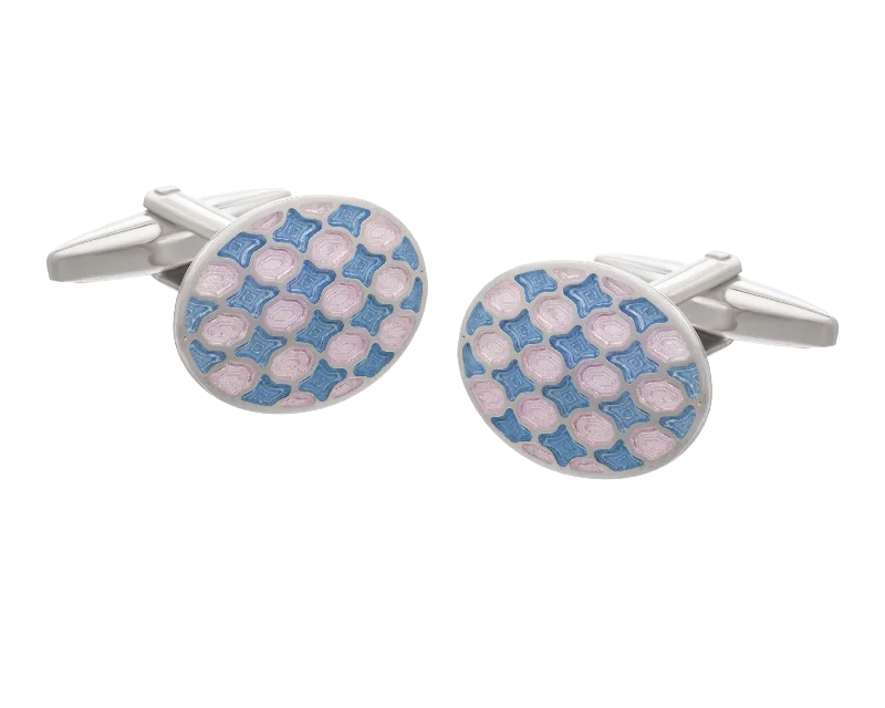 Cufflinks with engraved logos for a personalized and branded accessory-Harlequin Pink and Blue Oval Cufflinks