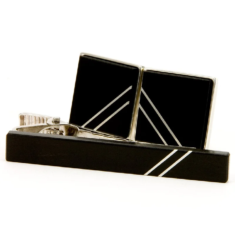 Cufflinks with crystal embellishments for added sparkle and sophistication-Ebony Silver Inlay Cufflink Tie Bar Set