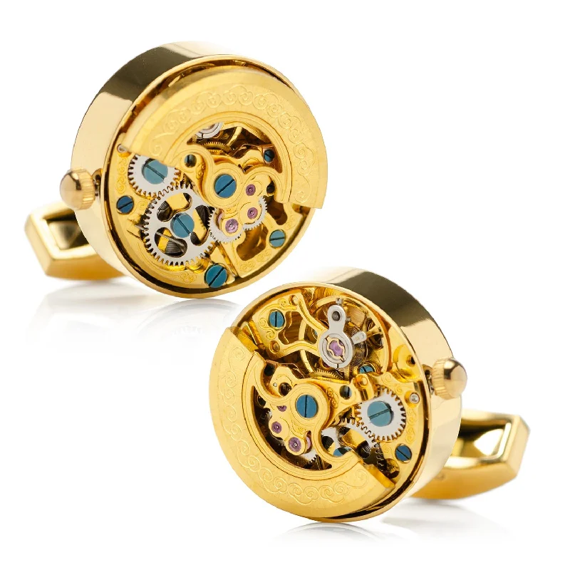 Cufflinks with crystal embellishments for added sparkle and sophistication-Gold on Gold Kinetic Watch Movement Cufflinks