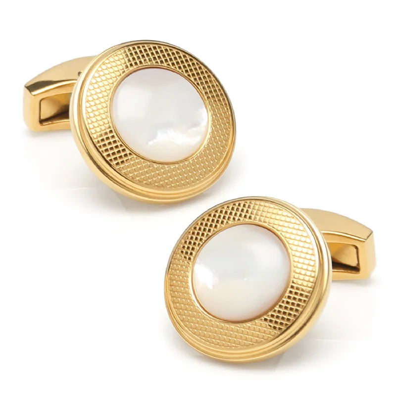 Best cufflinks with gemstone inlays for a colorful and stylish finish-Mother of Pearl Round Gold Stainless Steel Cufflinks