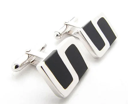 Best cufflinks with blue enamel designs for a pop of color and elegance-Rhodium Plated Sterling Silver Cufflinks with Black Onyx Inlay S Design