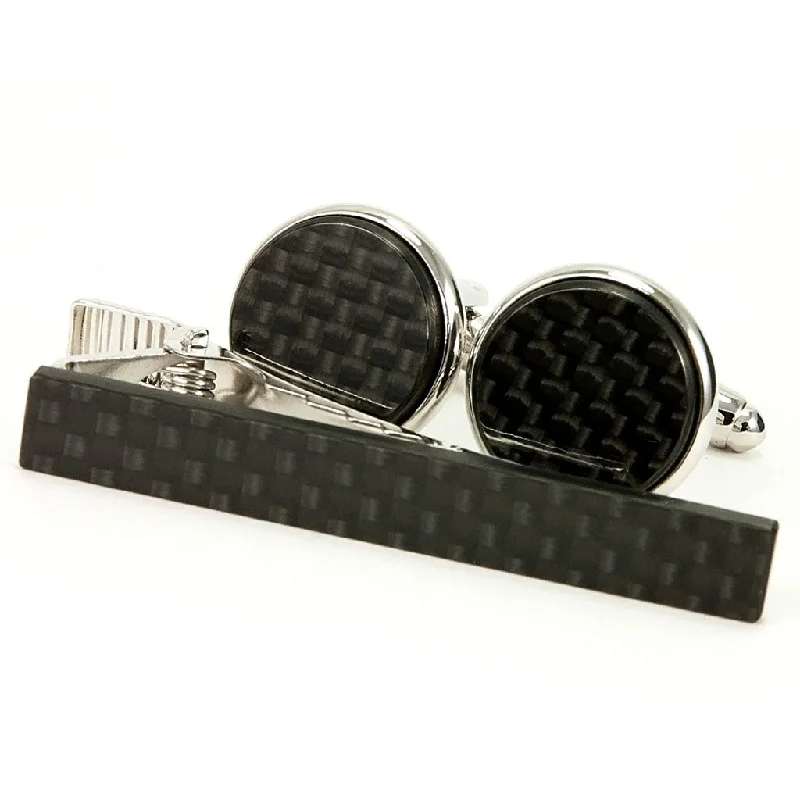 Best cufflinks for men with classic designs for formal occasions and business meetings-Black Carbon Fiber Silver Cufflinks Tie Clip Set