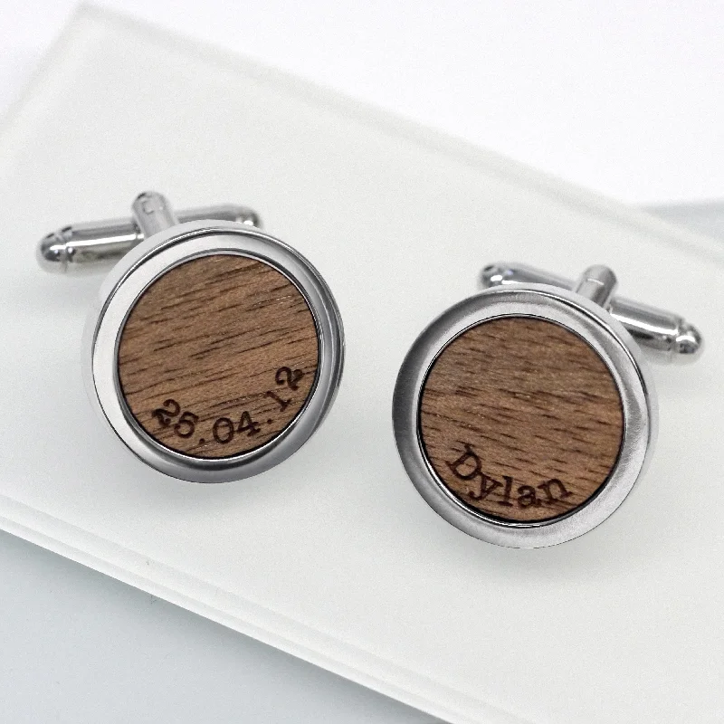 Best cufflinks with polished stainless steel for a sleek and modern look-Walnut Wood Name and Date Cufflinks