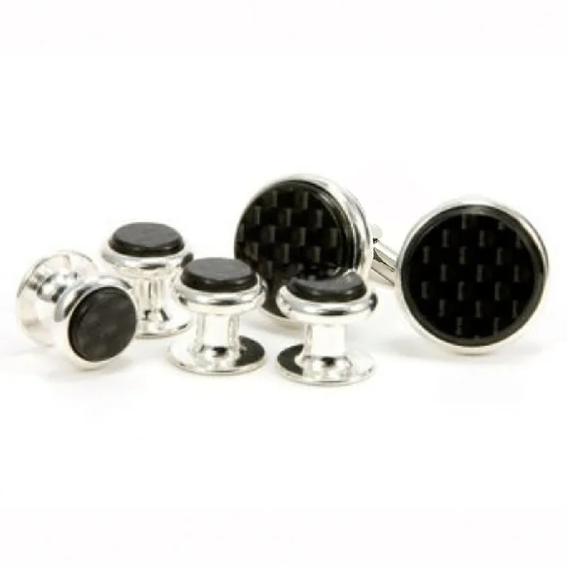 Cufflinks with sports team logos for a fun and personalized fan accessory-Carbon Fiber Silver Cufflink Tuxedo Stud Set