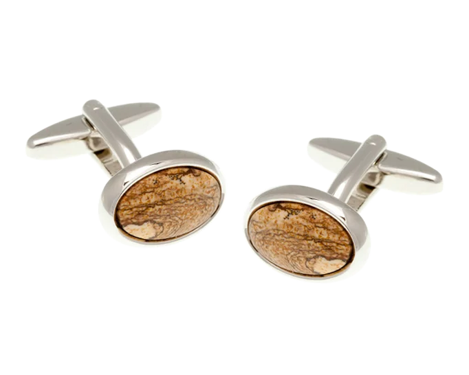 Cufflinks with brushed metal finishes for a matte, contemporary style-Oval Picture Jasper Stone Cufflinks