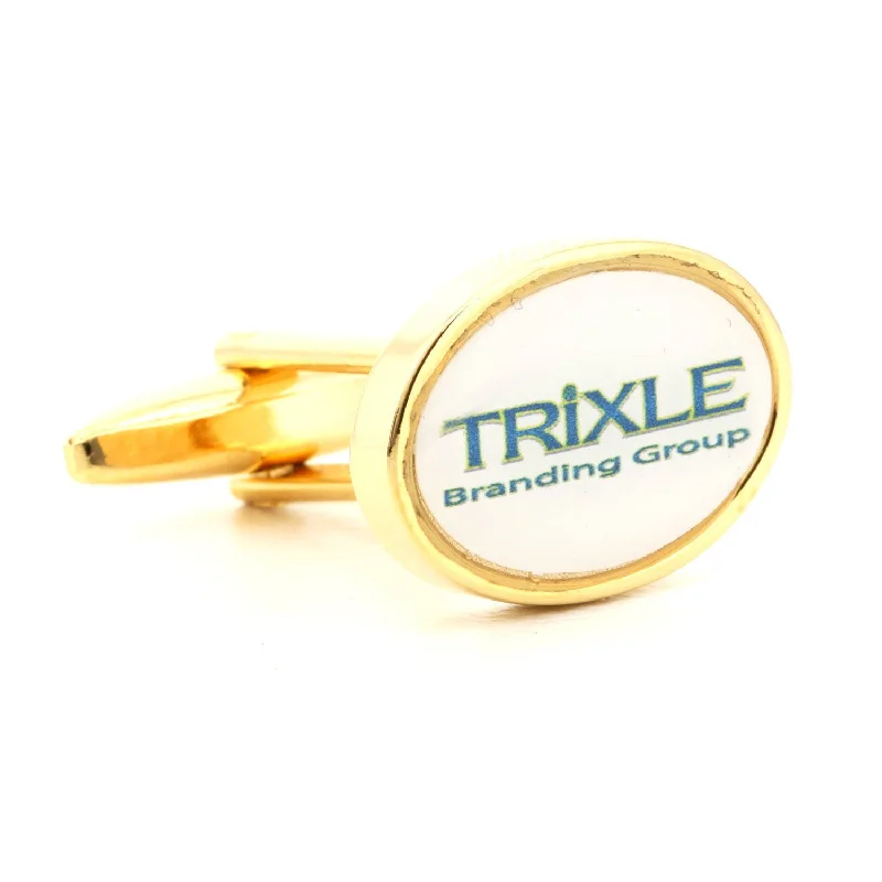 Best cufflinks with vintage cufflinks box for a complete and elegant gift set-Corporate Printed Oval Logo Gold Cufflinks