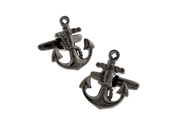 Best cufflinks with a polished brass finish for a vintage-inspired aesthetic-Nassau Black Anchor Rhodium Plated Cufflinks