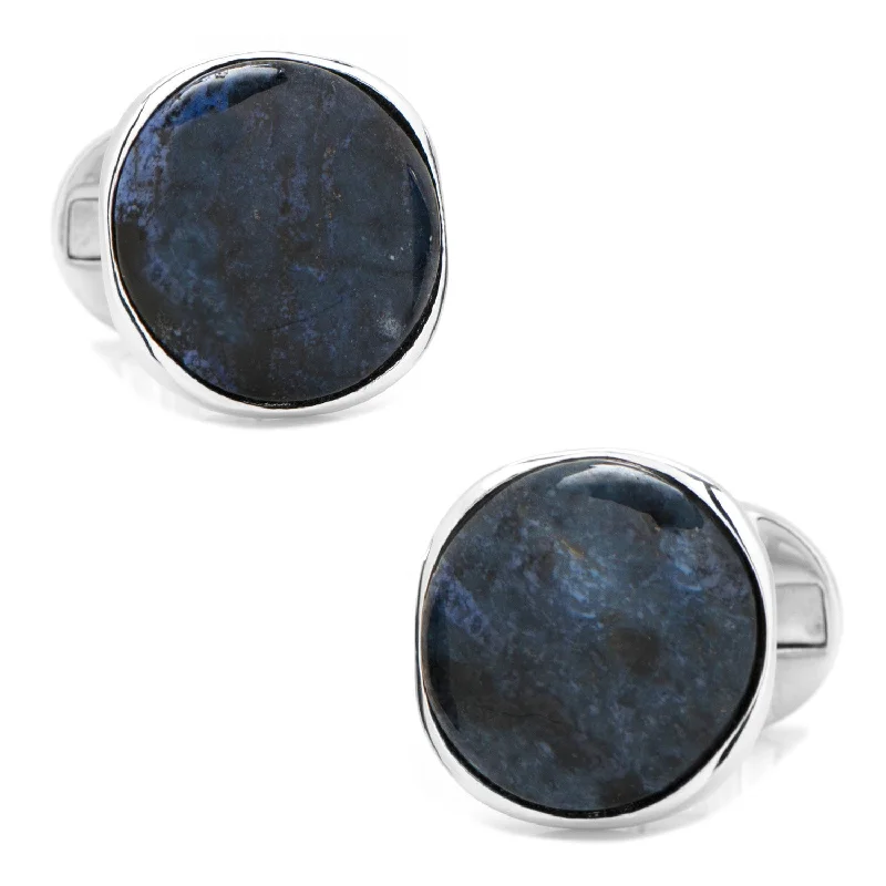 Cufflinks with black onyx stones for a refined and luxurious look-Sterling Silver Classic Round Blue Marble Cufflinks