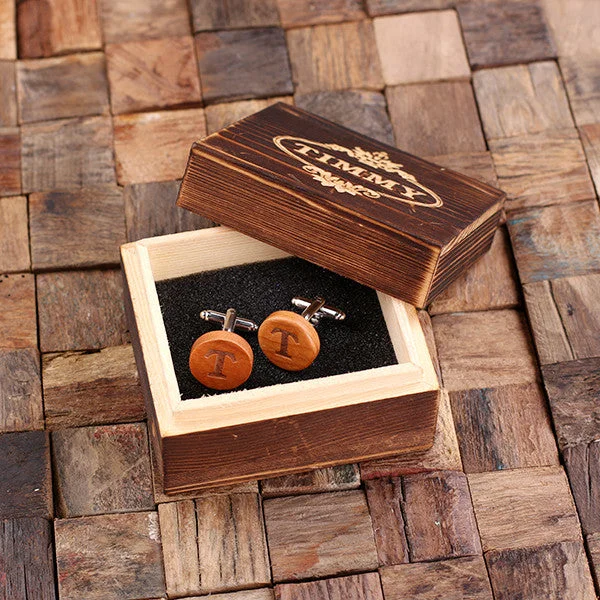 Unique cufflinks with quirky designs for a fun and personalized accessory-Personalised Round Wood Cufflinks with Gift Box