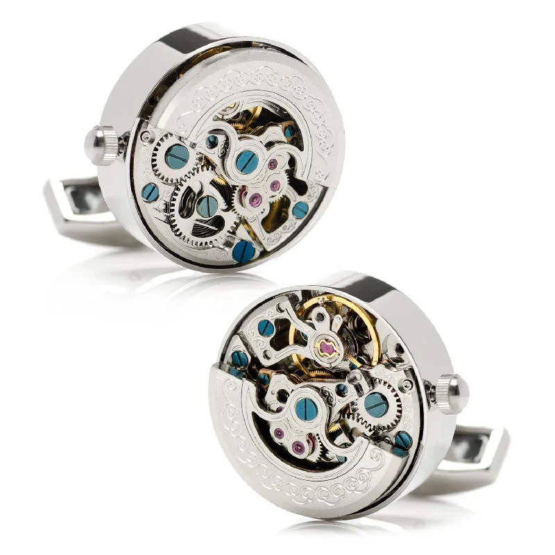 Cufflinks with quirky animal designs for a fun and distinctive style-Silver Stainless Steel Kinetic Watch Movement Cufflinks