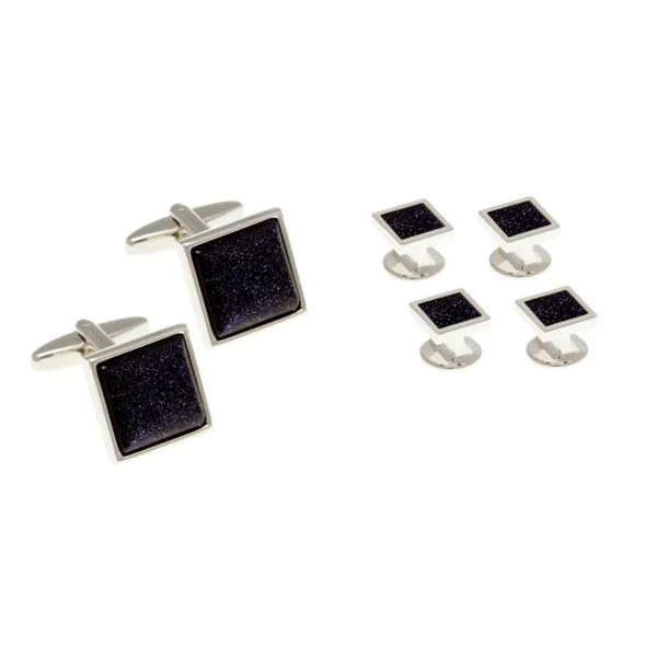 Best cufflinks with polished stainless steel for a sleek and modern look-4 Blue Square Goldstone Dress Studs & Cufflinks Set