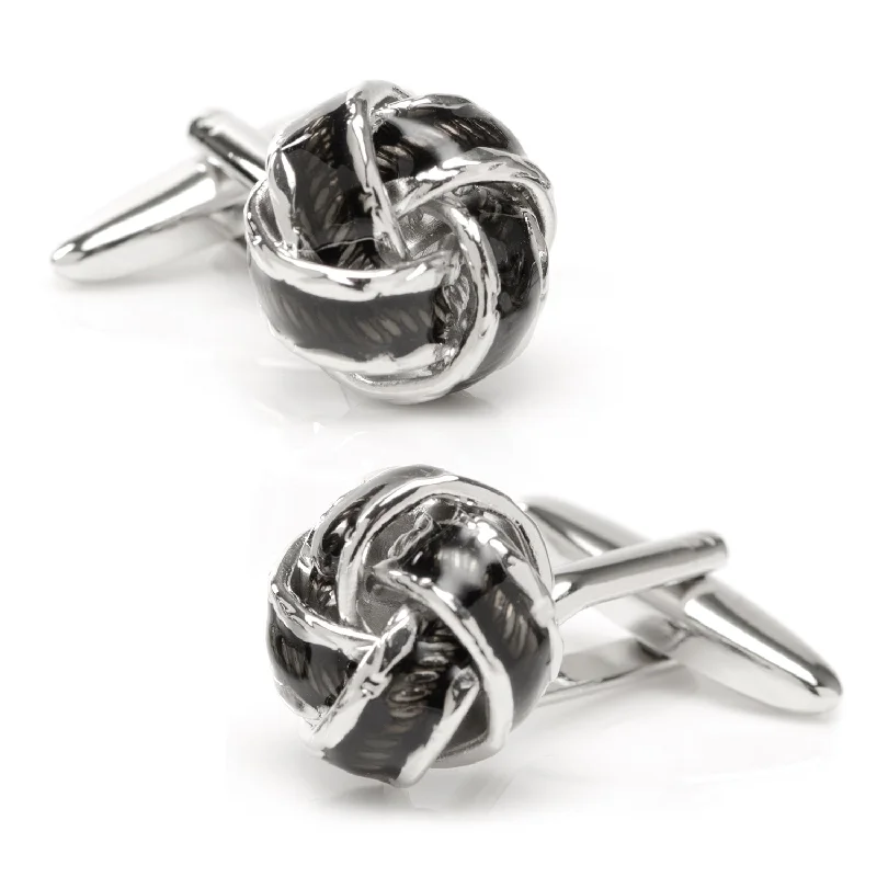 Cufflinks with classic black enamel for a sleek and timeless design-Silver Textured Knot with Black Enamel Finish