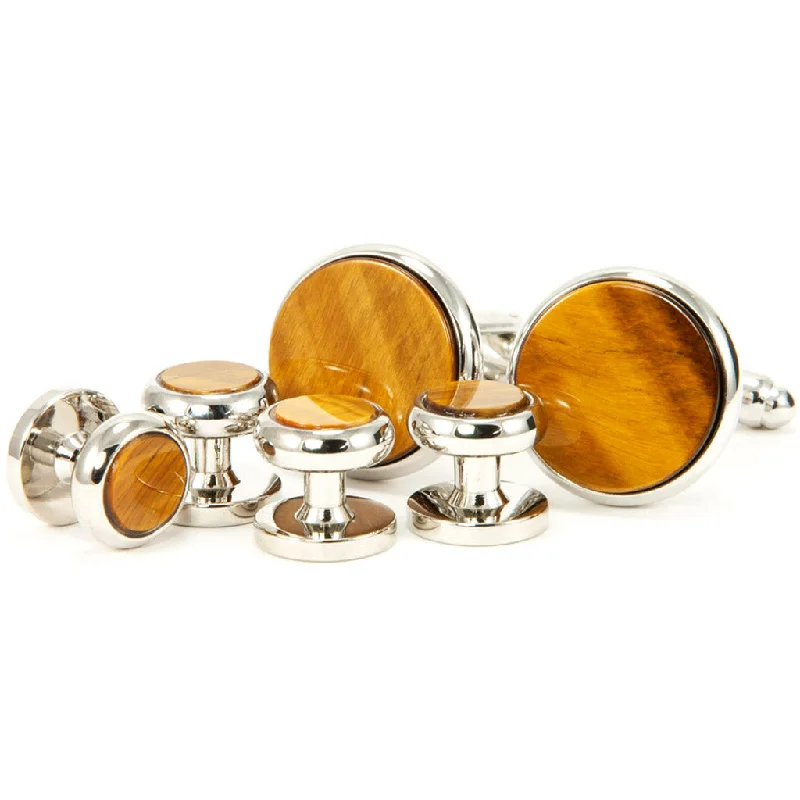 Best cufflinks with gold inlays for a luxurious and refined finish-Tiger Eye Silver Cufflink Tuxedo Stud Set