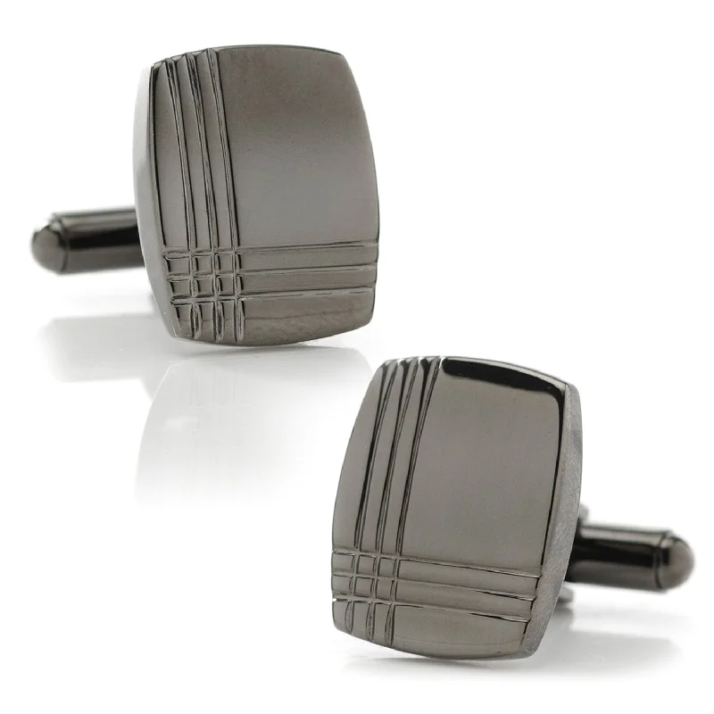 Best cufflinks for groomsmen with matching sets for a cohesive wedding look-Stainless Steel Gunmetal Tartan Plaid Cufflinks