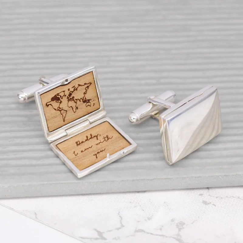 Best cufflinks with a polished brass finish for a vintage-inspired aesthetic-Personalised Sterling Silver World Map Locket Cufflinks