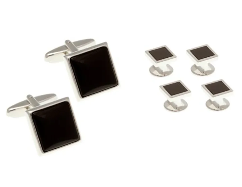 Cufflinks with brushed metal finishes for a matte, contemporary style-4 Onyx Square Dress Studs & Cufflinks Set