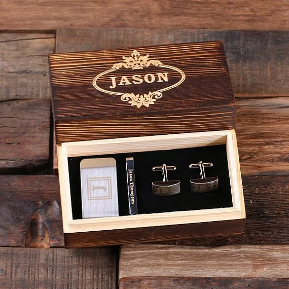 Cufflinks with vintage-inspired designs for a timeless and classic touch-Personalised Gift Set with Rectangle Cufflinks, Money Clip and Tie Bar