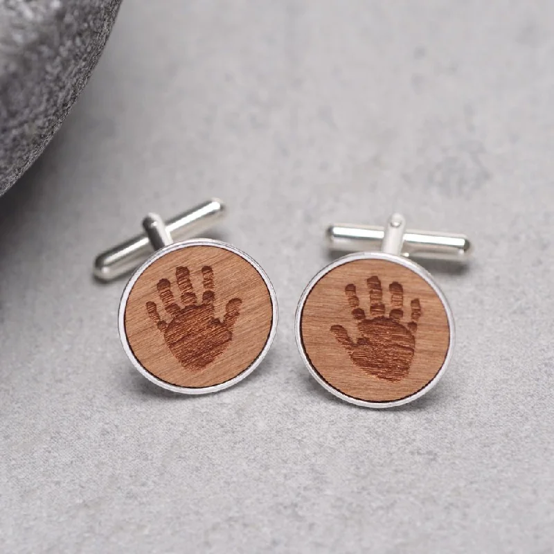 Cufflinks with engraved quotes for a personalized and meaningful touch-Personalised Wooden Handprint Cufflinks