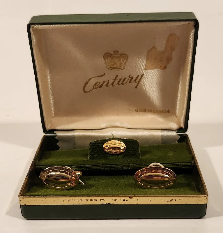 Best cufflinks with geometric shapes for a modern and artistic touch-Vintage Century Made in Canada Peanut Style Gold Plated Cufflinks and Tie Tack Set in Original Box