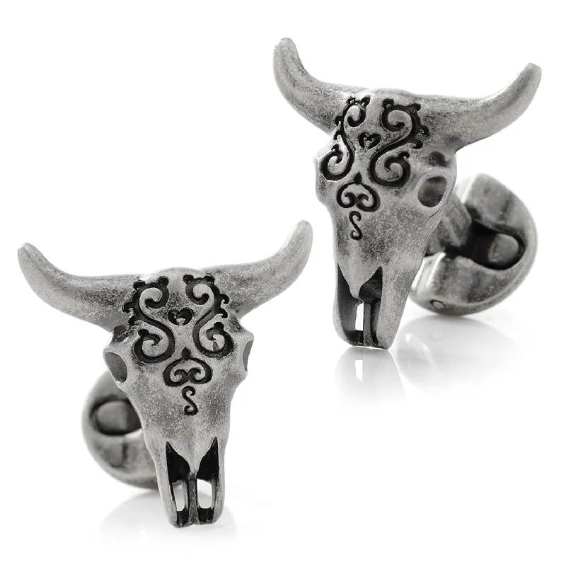 Best cufflinks with gemstone and metal inlays for a colorful and eye-catching design-Antique Stainless Steel Carved Cow's Skull