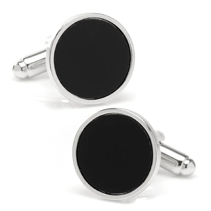 Cufflinks with unique novelty designs for fun and creative gifts-Round Silver Cufflink with Onyx Inlay