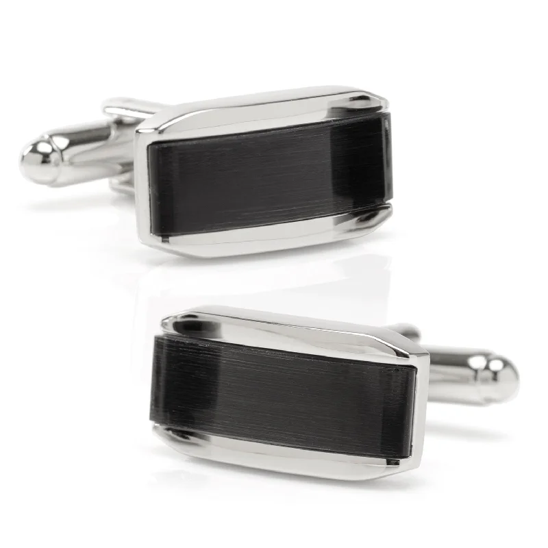 Cufflinks with Celtic knot designs for a unique and intricate finish-Silver Rectangular Cufflink with Dark Gray Cats Eye