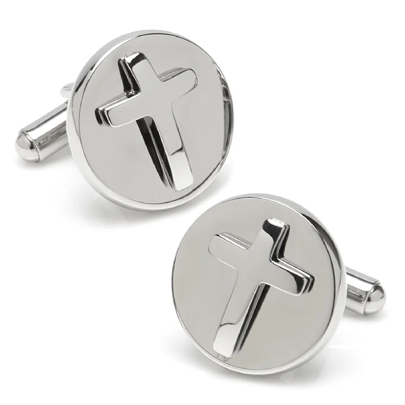 Cufflinks with celestial motifs for a cosmic and mystical fashion statement-Cross Round Stainless Steel Cufflinks